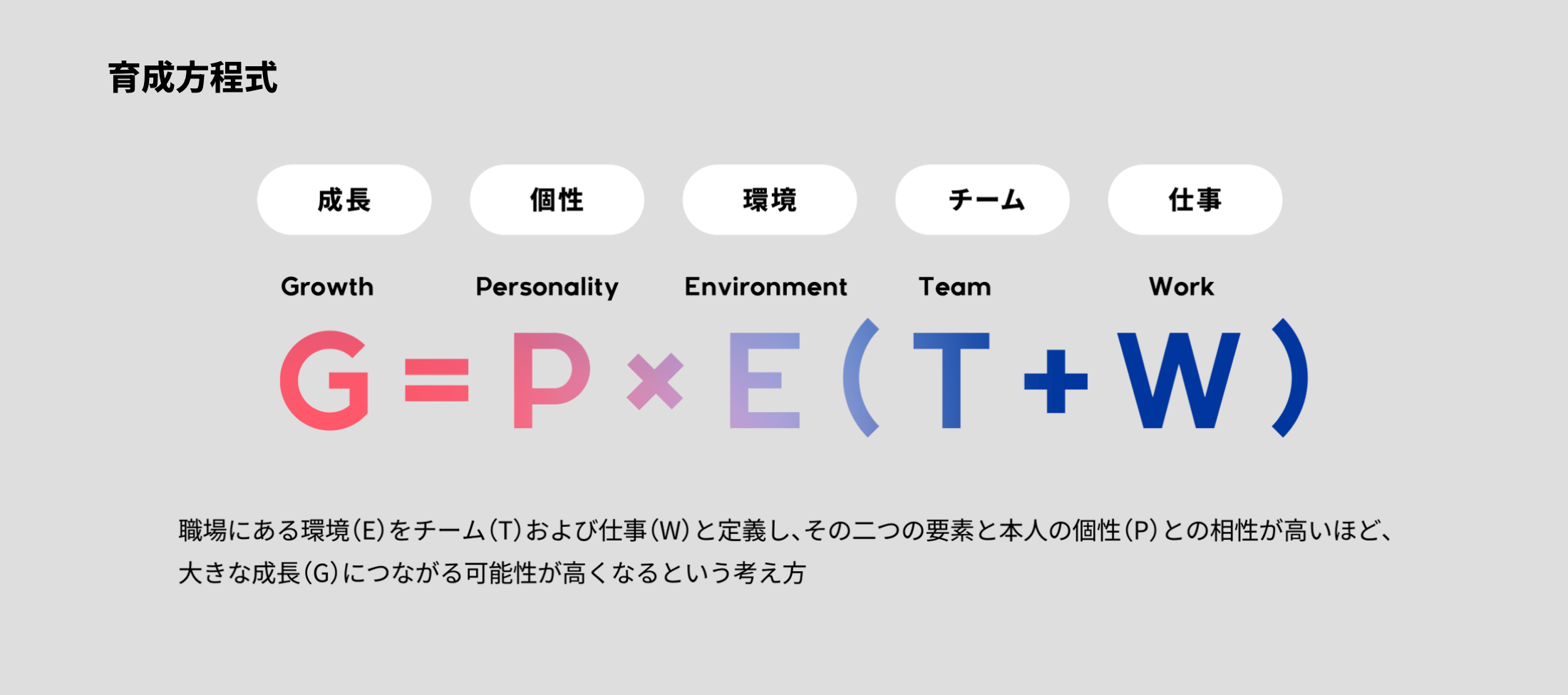 育成方程式、G=P×E（T＋W）。職場にある環境（E）をチーム（T）および仕事（W）と定義し、その二つの要素と本人の個性（P）との相性が高いほど、大きな成長（G）につながる可能性が高くなるという考え方